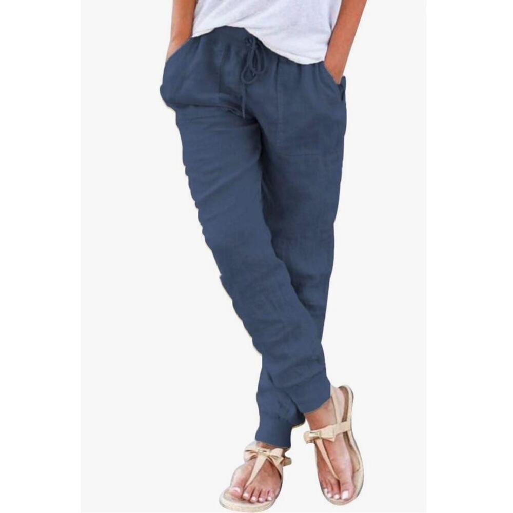 NEW Puimentiua Womens Tapered Casual Pants Cotton Linen Drawstring SIZE L Blue